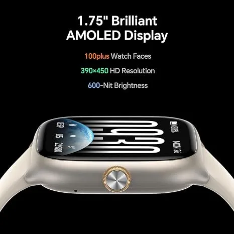 Quican F2 AMOLED smartwatch angled profile showing rotating crown button and screen