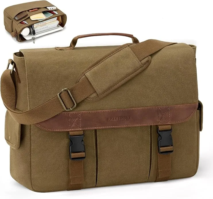 rainsmore olive green canvas messenger bag front view with storage inset display