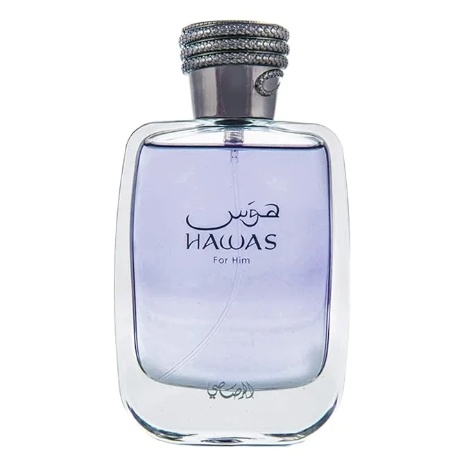 Rasasi Hawas For Men Eau De Parfum clear bottle with grey aquatic juice front view