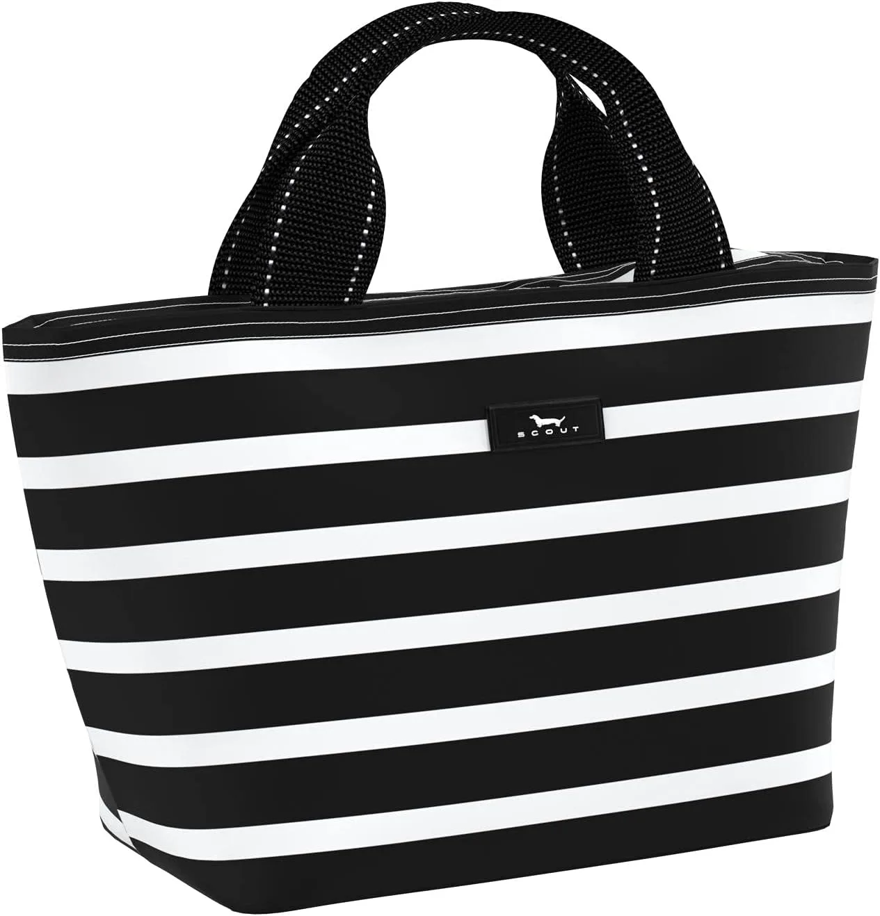 SCOUT Nooner insulated lunch box in black and white Fleetwood stripe pattern