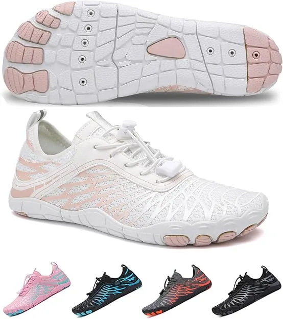 SIOSNETA barefoot water hiking shoes diagram showing lock buckle and breathable fabric