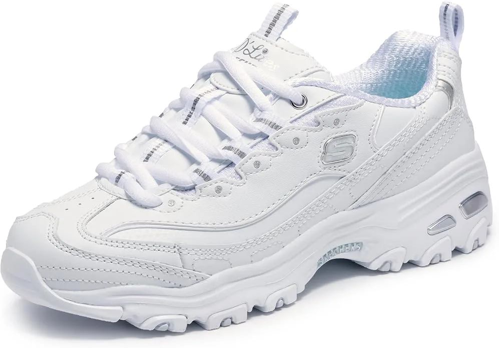 Skechers DLites Fresh Start white leather memory foam lace up sneaker angled profile