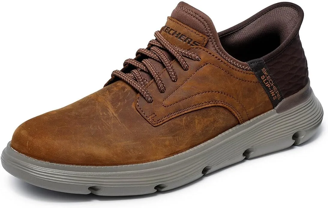 Skechers Garza Gervin brown leather hands free slip-in loafer three quarter view