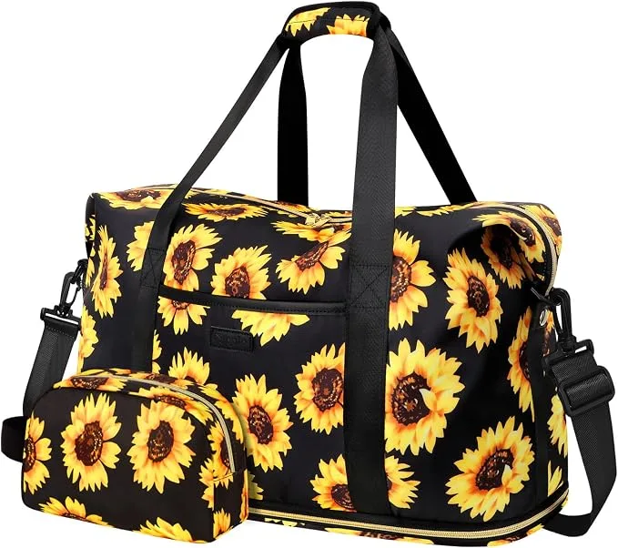Capolo expandable travel duffle bag in sunflower print with matching cosmetic toiletry pouch