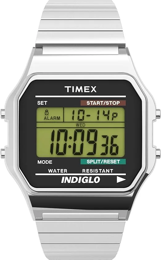 Timex T80 classic vintage digital watch front dial and stainless steel case