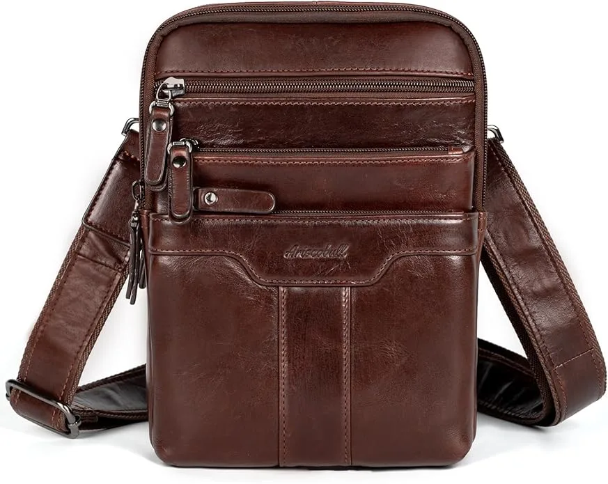 Ariscobull Leather Messenger Bag vintage brown organizer in studio