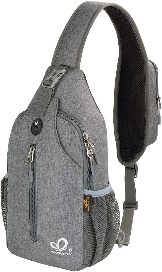 WATERFLY crossbody sling backpack dark gray front zipper bottle holder