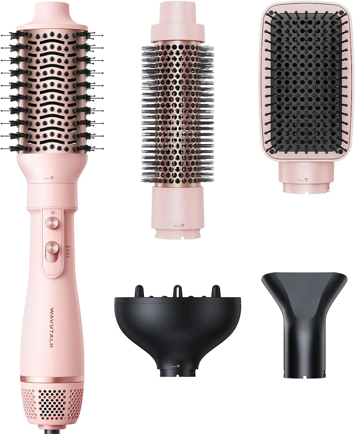 Wavytalk Air Sculpt 5-in-1 hot air brush set in blush pink with five attachments
