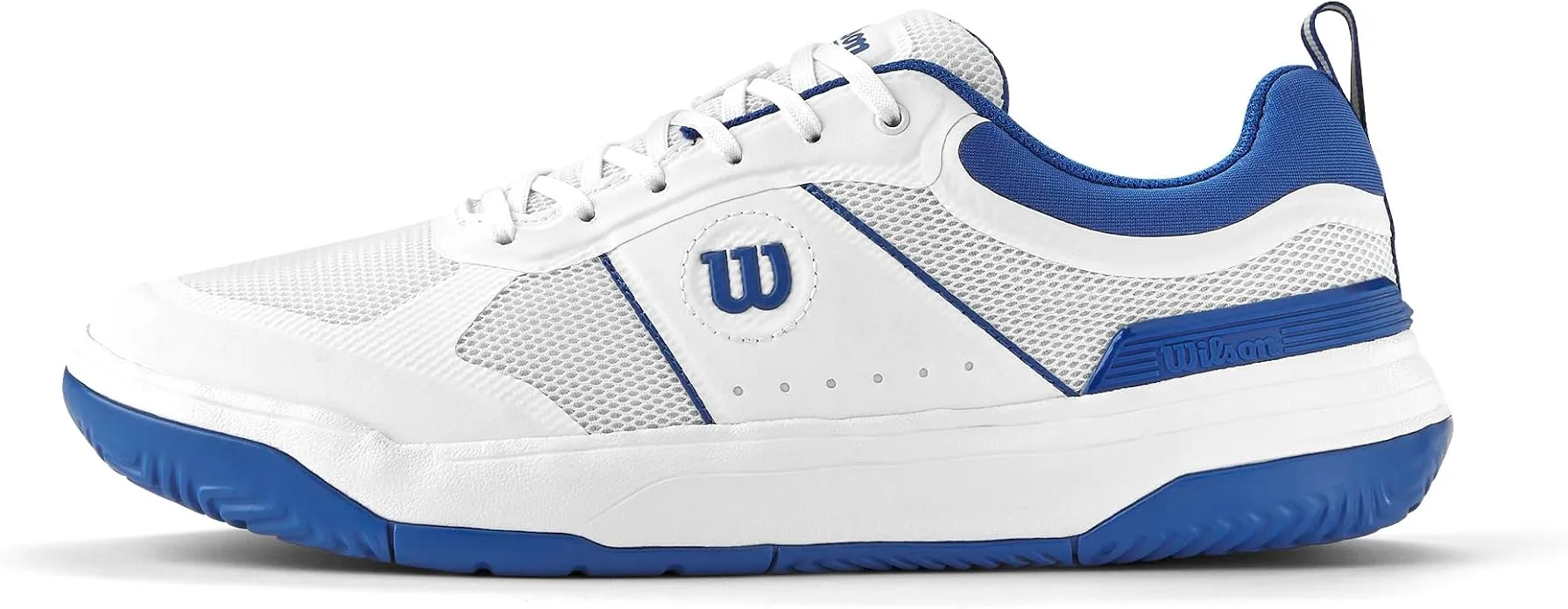 Wilson Pickle Pro men pickleball shoe in white and blue side view on court