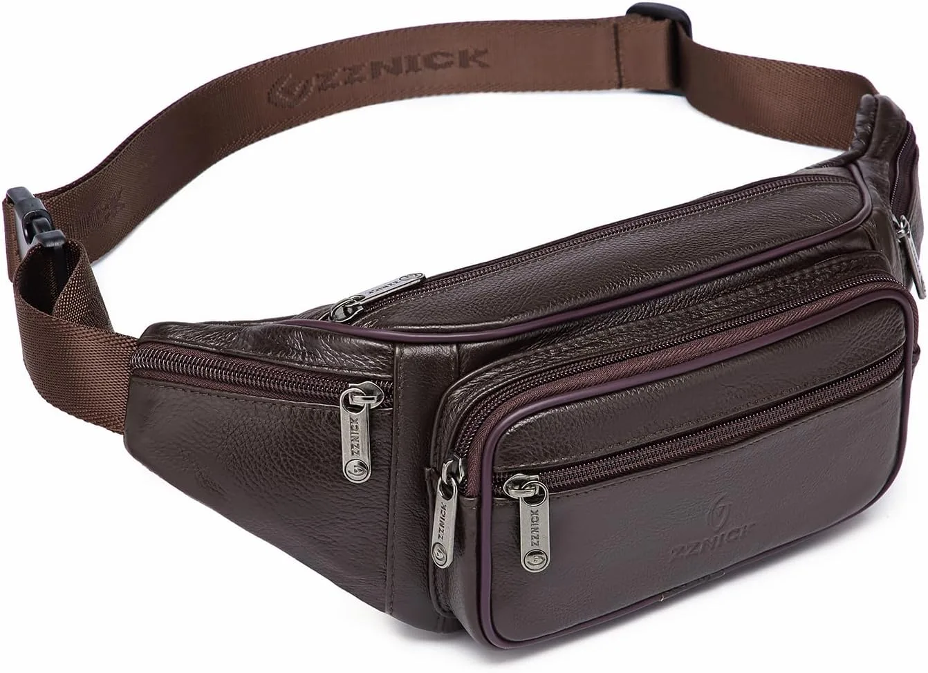 ZZNICK genuine leather waist bag showing front three quarter view and hardware